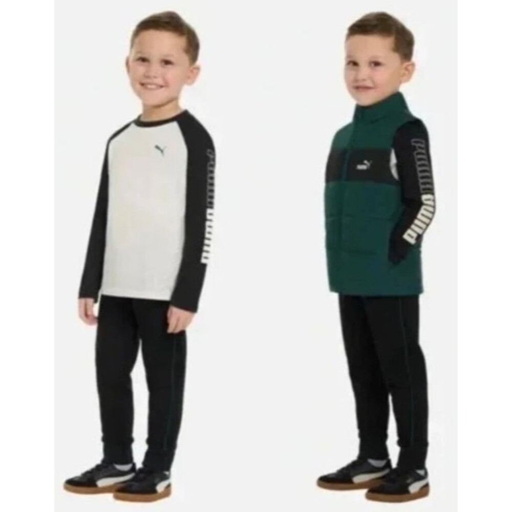 PUMA Boys Size 4T 3 Piece Puffer Vest Jacket T-Shirt Jogger Pant Green & Black